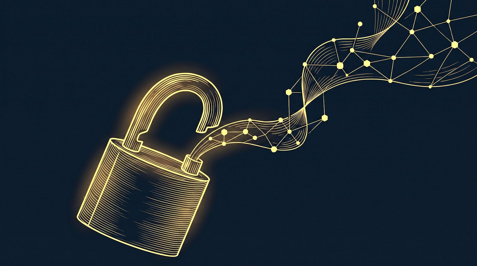 Engraving: an opening padlock dissolving into a network of nodes