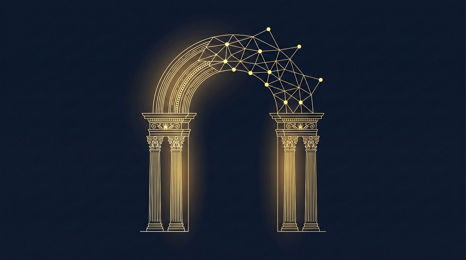 Engraving: an arch dissolving into a blockchain lattice
