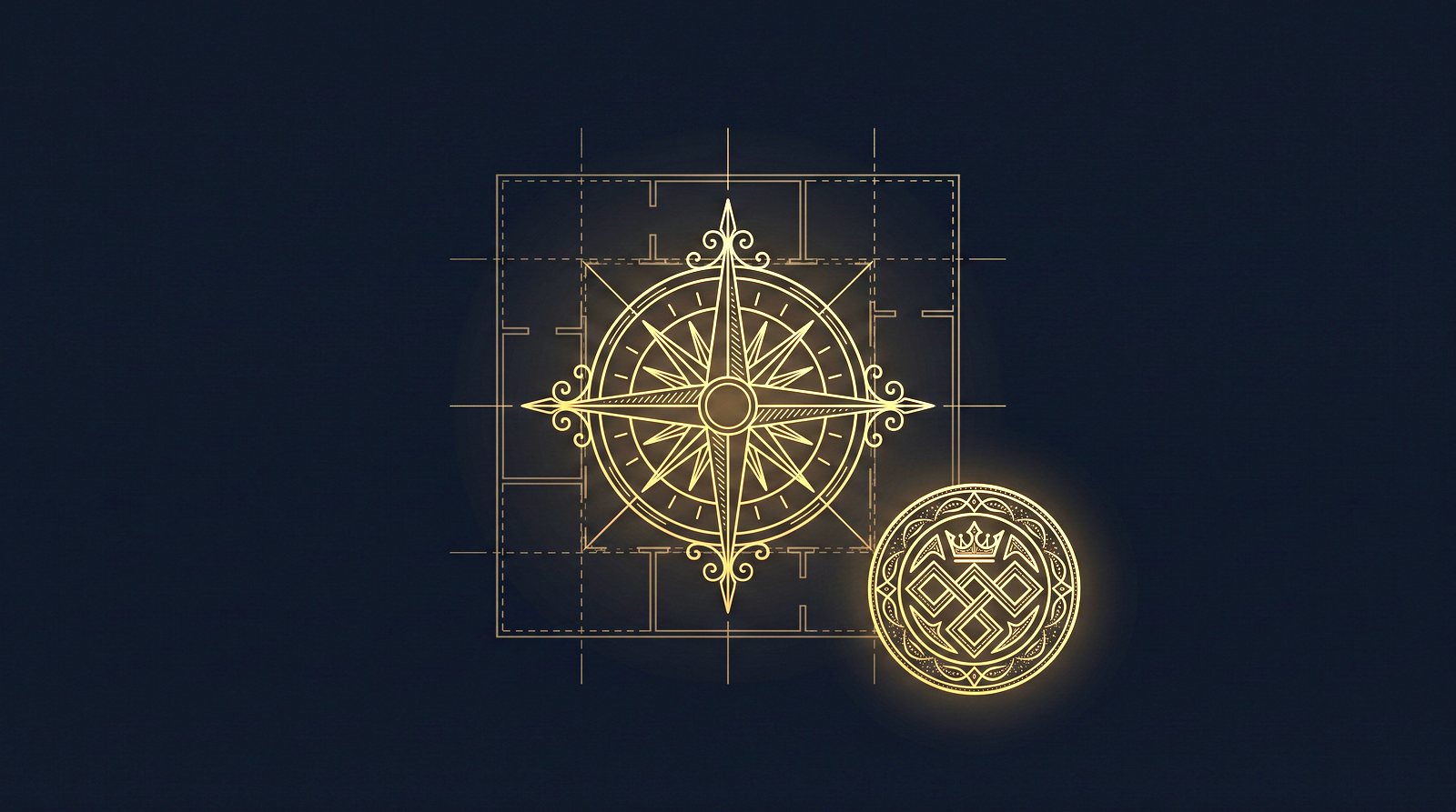 Engraving: a compass rose with a plan and a seal