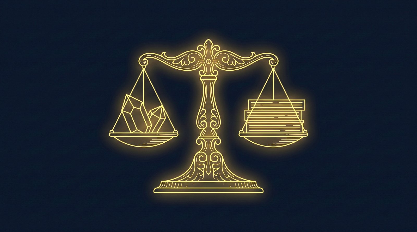 Engraving: scales with a crystal on one pan and documents on the other